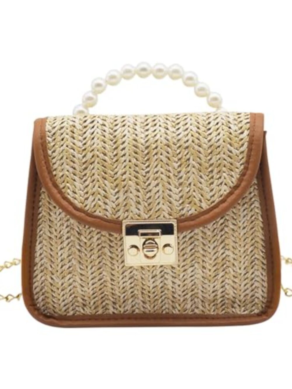 Mini Straw Crossbody Bag Pearl Top Handle Woven Summer Purse